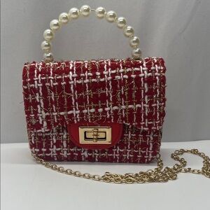 Red Tweed Pearl-Handle Crossbody Bag